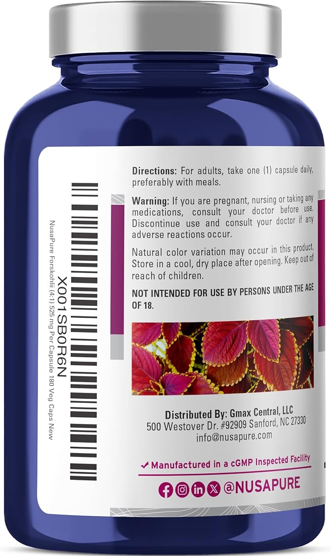 NusaPure Forskohlii 4:1 Extract 525 mg Equivalent to 2100 mgper Veggie Caps - 180 Capsules (Non-GMO Vegan &amp Gluten Free)