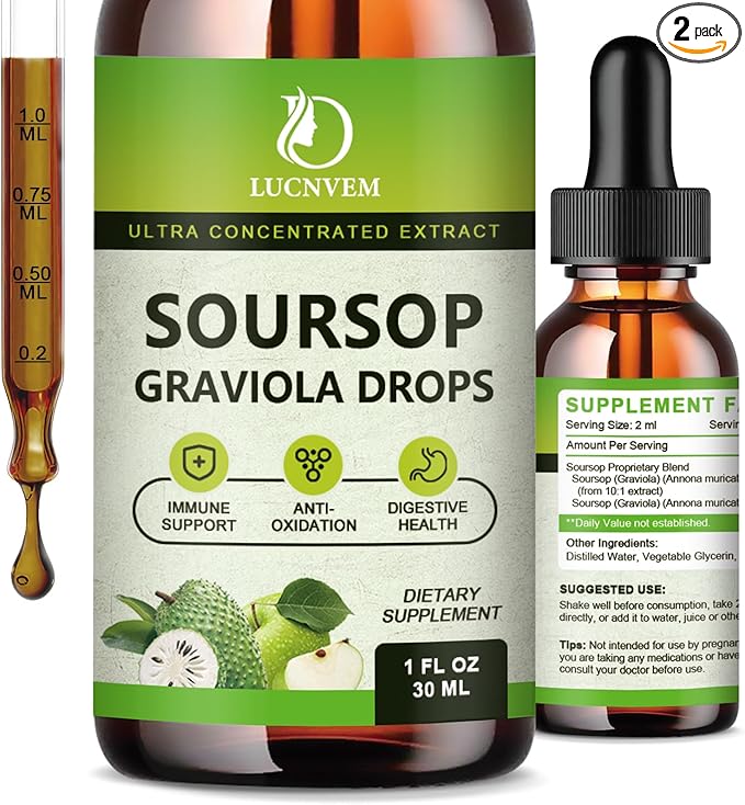 Organic Soursop Graviola Bitters Liquid Drops Soursop Extract Organic Pure Rich in Multivitamin for Natural Antioxidant Cell Support &amp Regeneration - 2 Fl Oz Apple Flavor - 30 Day Vegan Supply