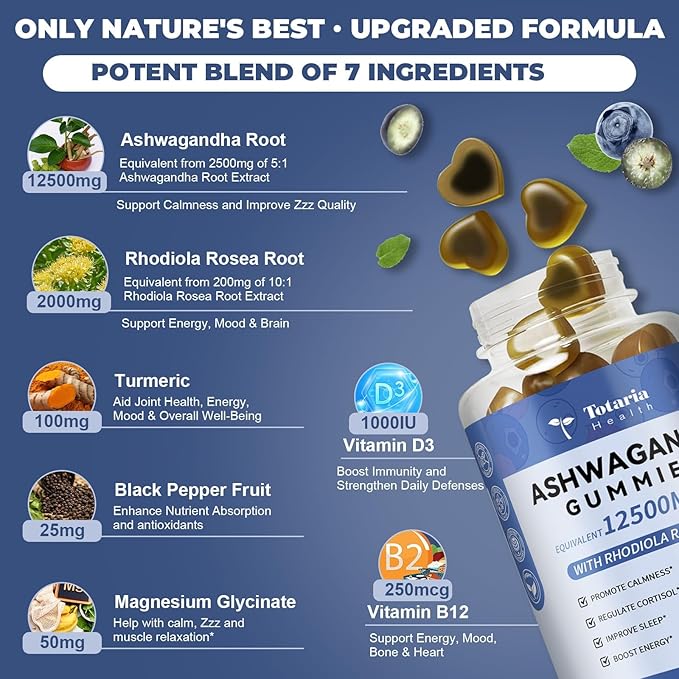 (2 Packs) Sugar Free Ashwagandha Filled Gummies w/Vitamin D3 Magnesium Glycinate Rhodiola Ultra Strength Ashwa Root Supplements for Women &amp Wen for Relaxation Energy Cortisol Gummies