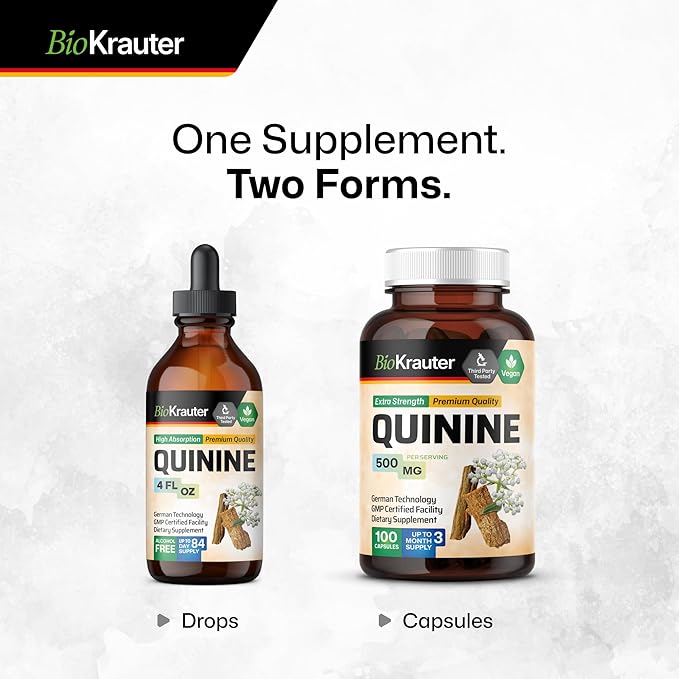 BIO KRAUTER Quinine for Leg Cramps Capsules 500 mg - 100 Count - Cinchona Bark Powder - Quinine Capsules - Vegan No Fillers