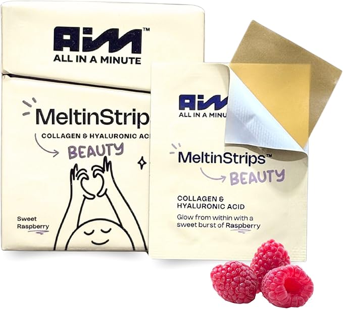 MeltinStrips® Beauty Strips – Vegan Collagen Hyaluronic Acid &amp Resveratrol | Edible Skincare for Plump Hydrated &amp Youthful Glow | Zero Sugar High-Absorption - Raspberry 1 Month Supply