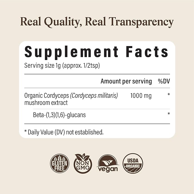 Real Mushrooms Cordyceps Mushroom Powder - Organic Cordyceps Powder Mushroom Energy and Wellness Support - Rich in Beta Glucans - Non-GMO Vegan Supplement 60 Servings