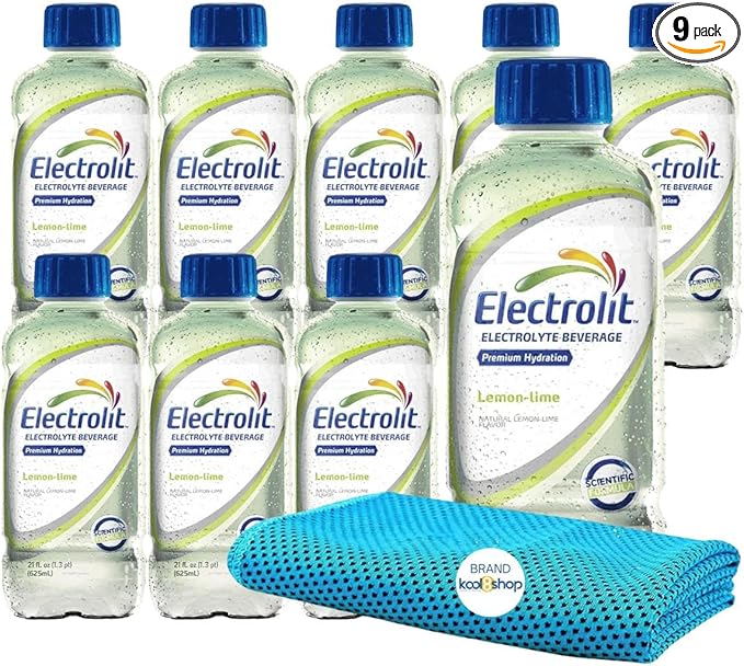 Electrolit Lemon Lime Hydration Drink with Electrolytes 21 fl oz Plastic Bottles 9 Pack + 1 Microfiber Cooling Towel by KOOL8SHOP Infinite Deals