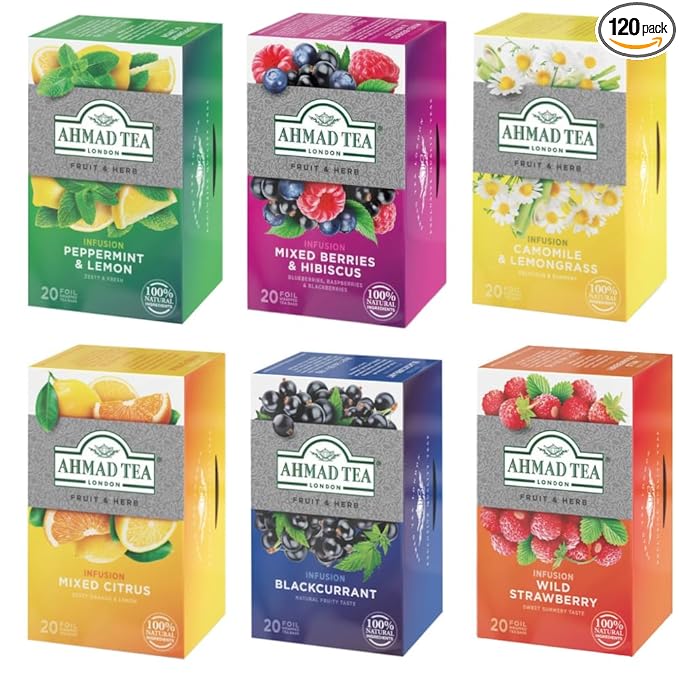 Ahmad Herbal Tea Variety Pack with Mixed Citrus Peppermint and Lemon Mixed Berries &amp Hibiscus Camomile &amp Lemongrass Wild Strawberry &amp Blackcurrant 20 bags each (Pack of 6)