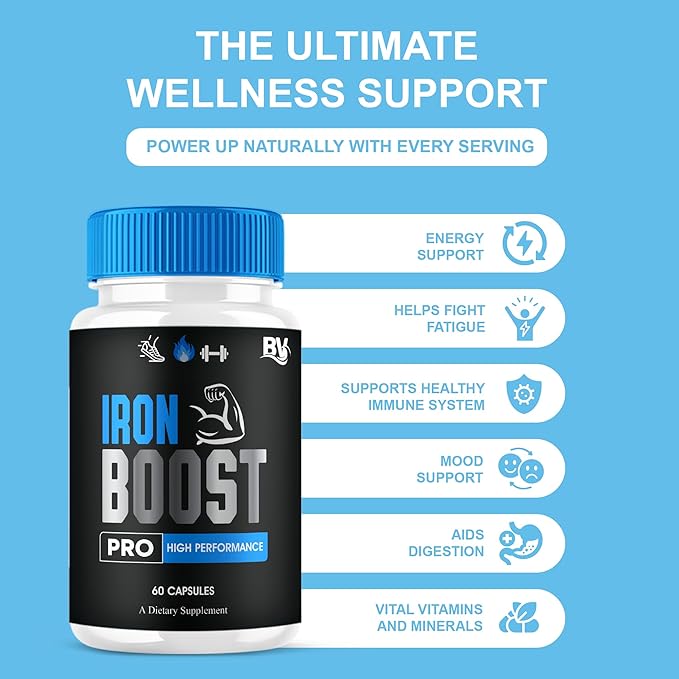 Iron Boost Pro Premium Supplement Capsules Iron Boost Advanced Health Supplement Pills Iron Boost Premium Daily Advanced Health Support and Overall Wellness Formula by Blue Vibe (60 Capsules)