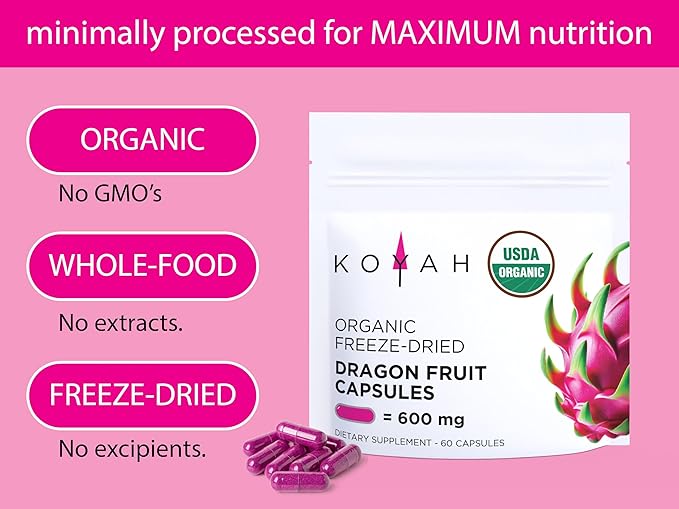 KOYAH - Organic Dragon Fruit Capsules – 600 mg Freeze-Dried Powder (Equals 3600 mg Fresh) – Whole-Food Vegan Non-GMO 60 Count