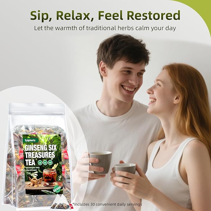 Ginseng Six Treasures Tea Traditional Herbal Kidney Tea Formula Ginseng Six Treasure Tea Bags Natural Kidney Cleanse Tea Bags for Women &amp Men Ginseng Six Treasure Tea（2Pack/50Bags）