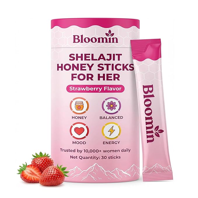Bloomin Honey Sticks with Shilajit Shatavari &amp Saffron Strawberry Honey Supplement for Women Hormonal Balance Focus &amp Stamina Non-GMO 30 Sticks (Strawberry)