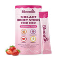 Bloomin Honey Sticks with Shilajit Shatavari &amp Saffron Strawberry Honey Supplement for Women Hormonal Balance Focus &amp Stamina Non-GMO 30 Sticks (Strawberry)