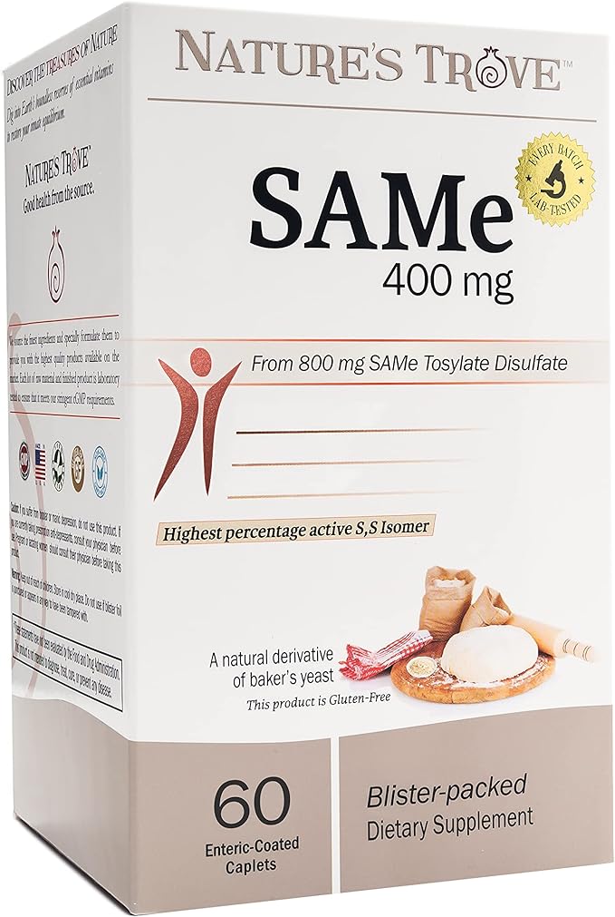 Nature's Trove SAM-e 400mg 60 Enteric Coated Caplets. Vegan Kosher Non-GMO Project Verified Soy Free Gluten Free - Cold Form Blister Packed.