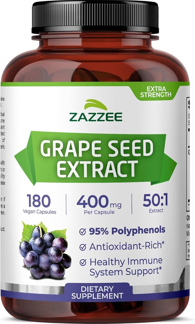 Zazzee High Strength Grape Seed 50:1 Extract 180 Vegan Capsules 95% Polyphenols 400 mg per Capsule 6 Month Supply Antioxidant Circulation &amp Blood Flow Support Non-GMO Made in the USA