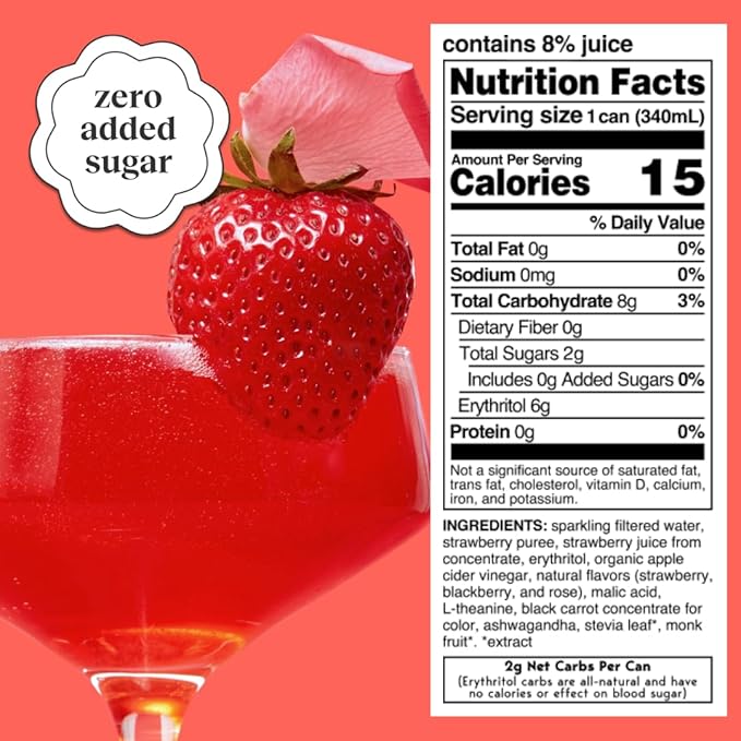 Moment Botanical Soda Soft Drink (Shark Tank) - SPARKLING Drinks | Strawberry Rose | L-Theanine &amp Ashwagandha for Calm &amp Clarity | 0 Added Sugar 0 Caffeine | 12-pack