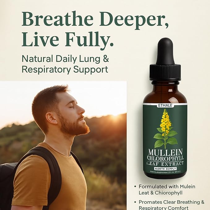 ETHALE Mullein Drops for Lungs – Natural Herbal Supplement with Mullein Leaf &amp Chlorophyll – Daily Lung and Breathing Support – 30 Day Supply Non-GMO Plant-Based Formula (2)