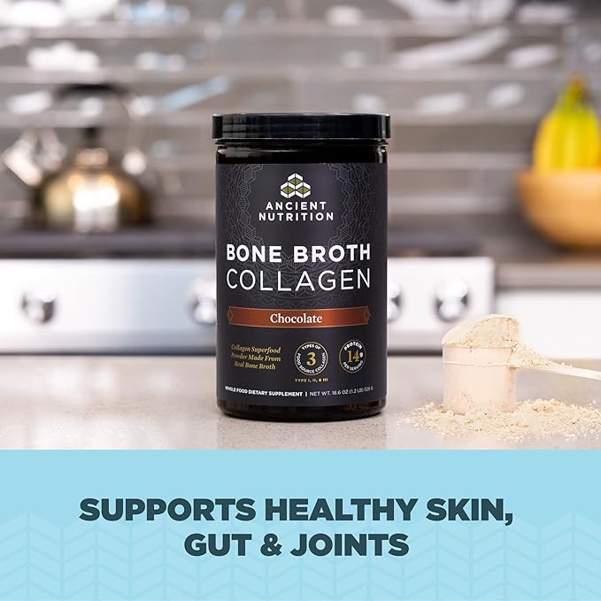 Ancient Nutrition Bone Broth Collagen Powder Chocolate 30 Servings + Bone Broth Collagen Powder Vanilla 30 Servings