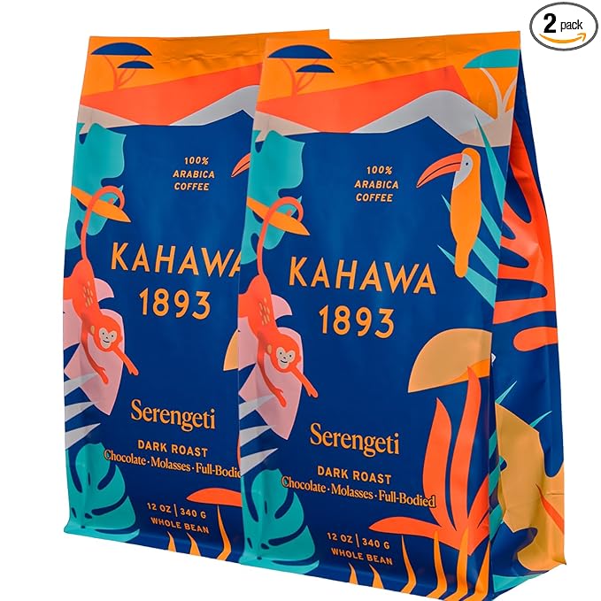 Kahawa 1893 Whole Bean Coffee Dark Roast Serengeti Blend 24 Oz - As Seen on Shark Tank Low Acid High Antioxidants Naturally Sweet Organically Grown Ethically &amp Sustainably Sourced