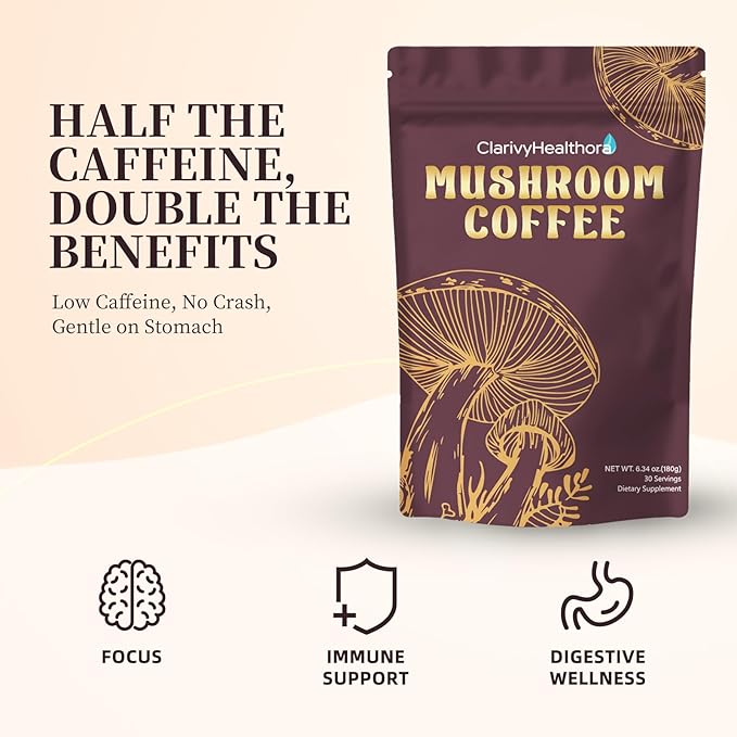 Instant Mushroom Coffee with Lions Mane Turkey Tail 6 Adaptogenic Mushrooms – Mushroom Supplement &amp Powder for Energy Focus Digestion &amp Immunity – 30 Servings