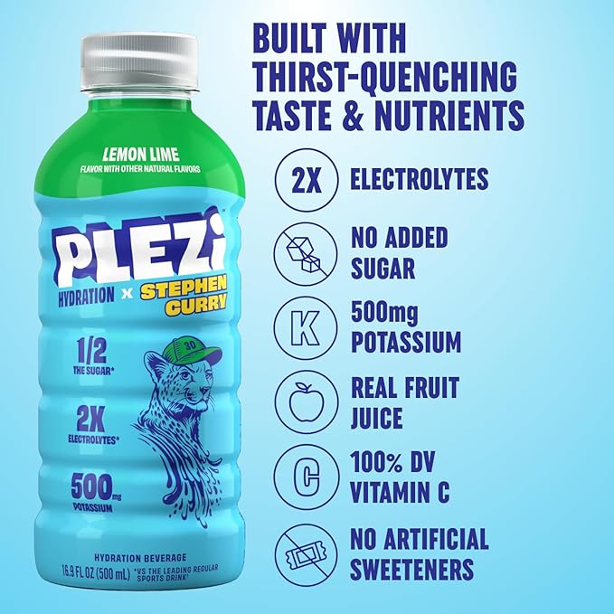 PLEZi Hydration Drink Bundle – Tropical Punch &amp Lemon Lime x Stephen Curry – Sports Drinks with 2X Electrolytes 500mg Potassium No Added Sugar – 16.9 Fl Oz (24 Pack Total)