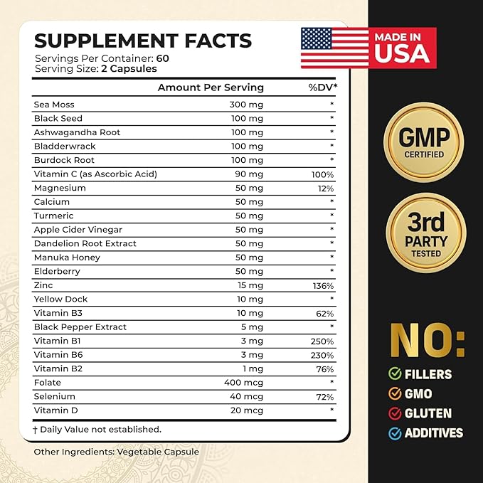 Alpha Tribe Multivitamin for Men w/Sea Moss Black Seed Oil Ashwagandha Turmeric Bladderwrack Burdock Vitamin C Elderberry Manuka | Daily Men's Vitamins &amp Minerals Supplement - 240 Count