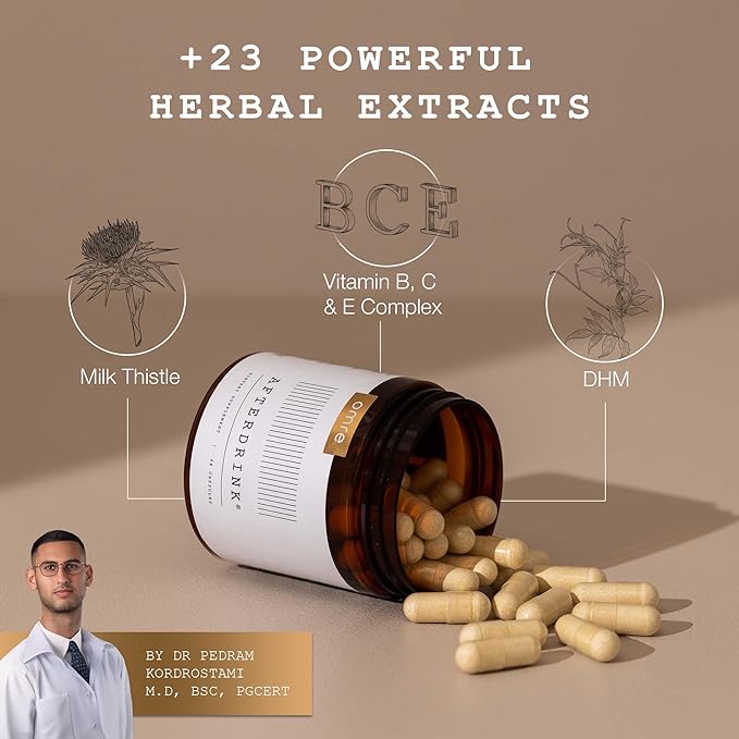 omre AfterDrink Restore Pills with Milk Thistle DHM Vitamin B Ginger &amp Herbal Extracts - Pre &amp Post Drinking Supplement with Liver Support for Better Mornings - Made in USA (48 Caps)