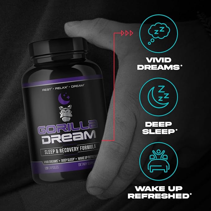 Gorilla Mind Dream Sleep Supplement (120 Capsules) - Nootropic Infused Comprehensive Sleep &amp Recovery Supplement - GABA Melatonin Valerian Root Magnesium L-Theanine Sensoril Ashwagandha &amp