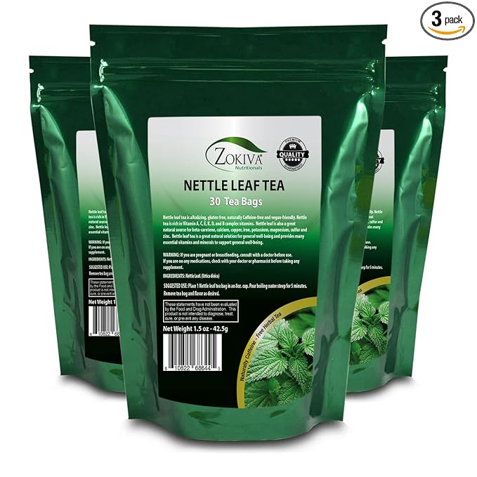 Zokiva Nutritionals - Nettle Leaf Tea Bags 3-Pack - 90 Premium Quality Convenient Organic Herbal Tea Bags - Caffeine-free and Vegan-friendly In a Resealable Stand Up Zip Lock Pouches