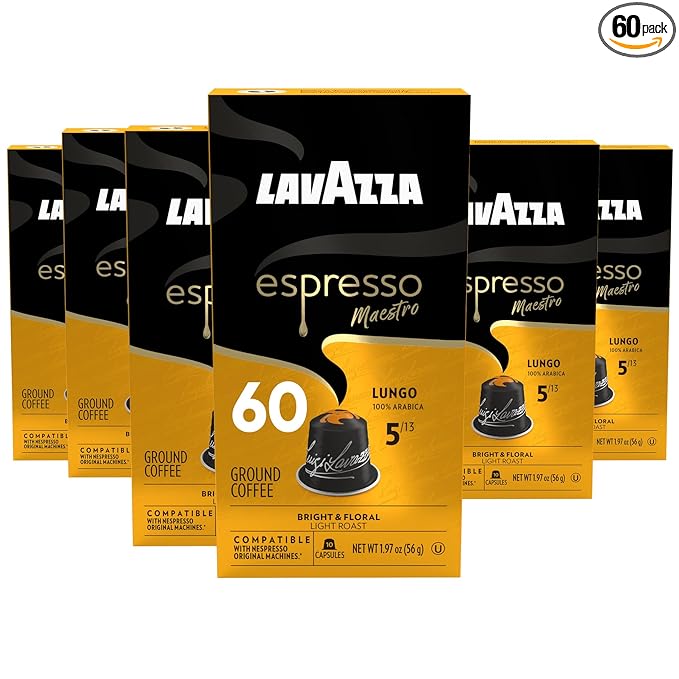 Lavazza Avvolgente Lungo Dark Roast Capsules Compatible with Nespresso Original Machines (Pack of 60) Value Pack Blended and roasted in Italy Full bodied with velvety rounded flavor