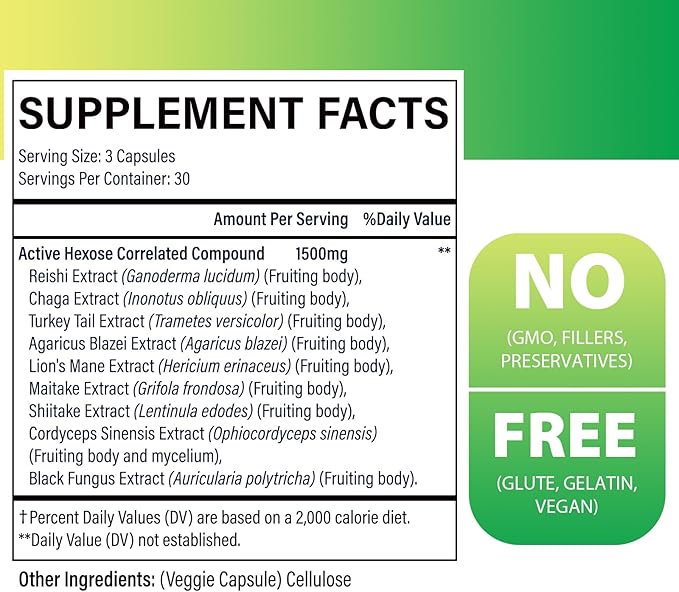 Active Hexose Correlated Compound 1500 mg Supplement Natural 8 Mushroom Extract Supplement Immune System Liver Function Natural Killer and T Cells Activity 90 Veggie Capsules