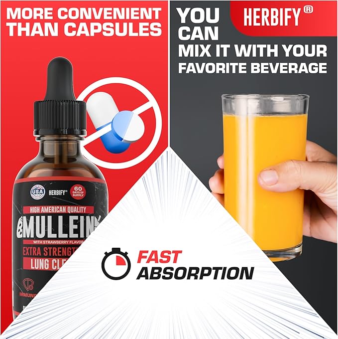 HERBIFY Mullein Drops - Lung Cleanse - Leaf Extract - Powerful Mullein for Immune Support Detox &amp Respiratory Support - Made in USA - 4 Oz Strawberry Flavor