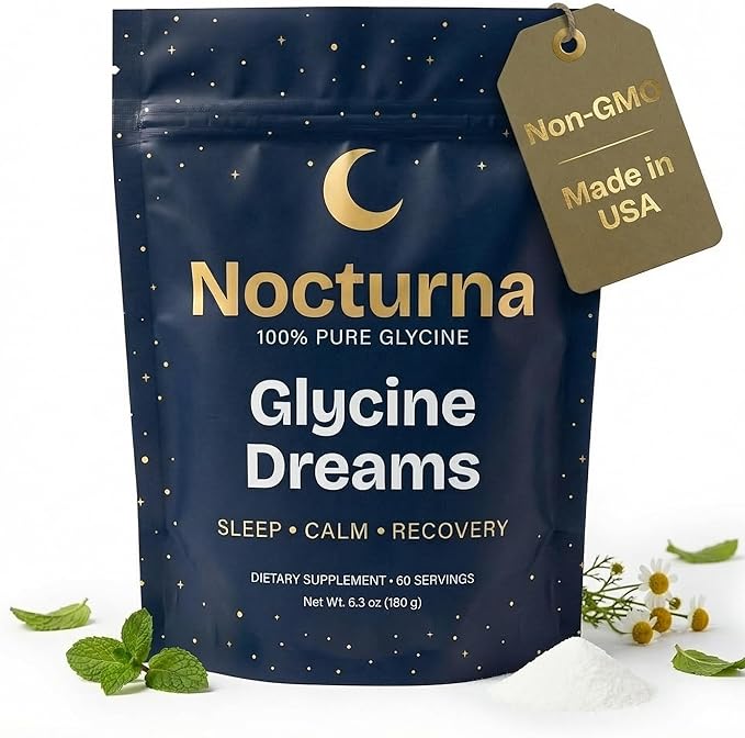 Nocturna Glycine Supplement – 100% Pure 3g Glycine Powder for Sleep Calm &amp Recovery – USA Made Sleep Aid for Men &amp Women – Non-GMO &amp Completely Natural - 6.3Oz for 60 Servings