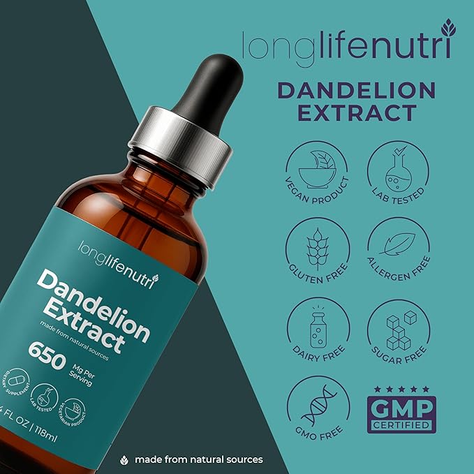 Dandelion Root Extract Liquid Drops - Sourced from Taraxacum Officinale 4 Fl Oz Organic Supplement for Natural Digestion &amp General Wellness Sugar-Free No Alcohol GMP Certified