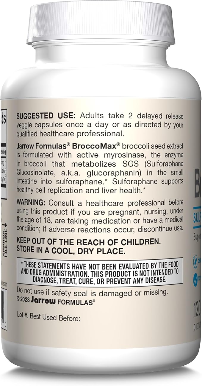 Jarrow Formulas BroccoMax Sulforaphane Generator 35 mg With Sulforaphane Glucosinolate and Myrosinase Dietary Supplement for Liver Health Support 120 Delayed Release Veggie Capsules 60 Day Supply