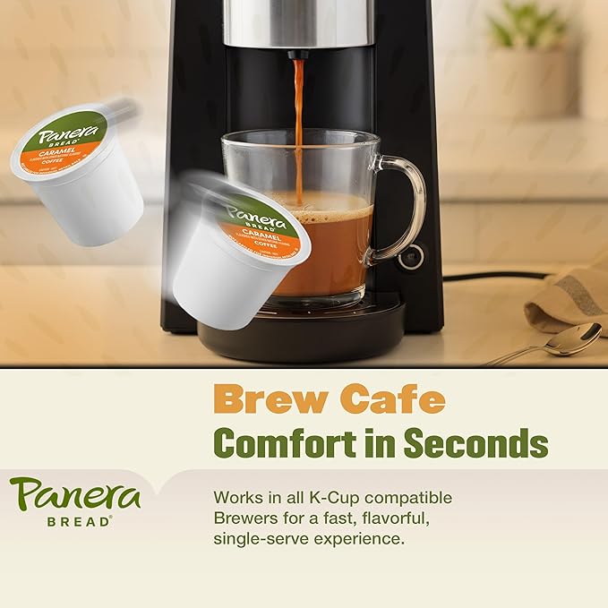 Panera Caramel Coffee Pods Light Roast Cups Keurig Compatible Natural Caramel Flavor 100% Arabica Kosher No Artificial Ingredients 60 Single Serve Pods (6 Packs of 10)