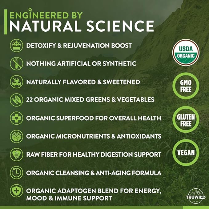 TruWild Greens Superfood Juice Powder with 22+ Greens &amp Anti-Oxidants Green Juice Powder Natural Immune Stress Digestion Support 40 Servings 2 Pack