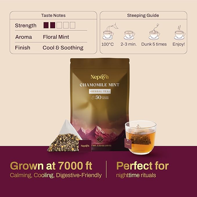 Chamomile Mint Herbal Tea Bags Relaxing Bedtime Blend with Lemongrass Peppermint Pyramid Tea Bags Fennel &amp Peppermint Caffeine Free Teabags Hot or Ice Tea 50 Biodegradable Tea Bag
