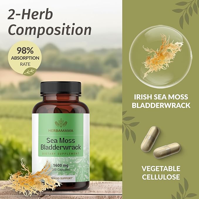 HERBAMAMA Sea Moss and Bladderwrack Capsules - 1600mg Irish Sea Moss for Immune Support - Vegan Non-GMO Immunity Supplement for Overall Support