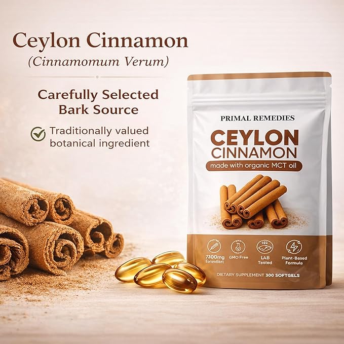 Primal Remedies Ceylon Cinnamon Capsules – 300 Softgels Equivalent Per Serving Cinnamomum Verum Bark Extract Clean Plant Based Supplement for Daily Wellness Routine (1)