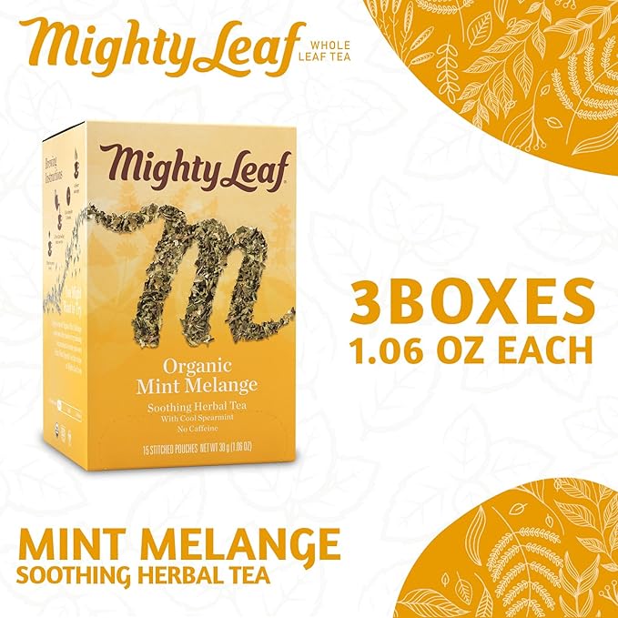 Mighty Leaf Organic Tea Mint Melange 15-Count Whole Leaf Pouches 1.32 Oz (Pack of 3)