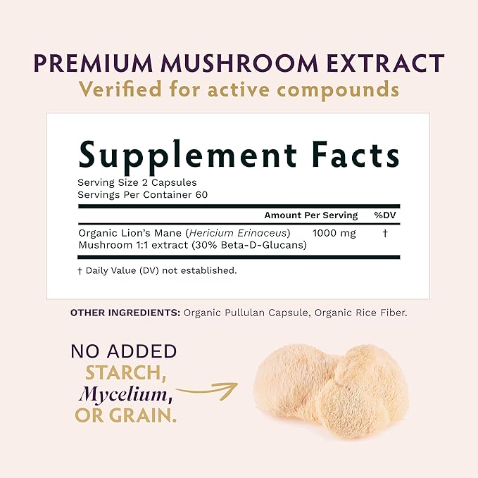 TRIBE ORGANICS Lion’s Mane Supplement 1000mg Mushroom Extract Powder - Immune System Booster &amp Brain Nootropic for Focus and Memory | Mental Clarity | Natural Energy and Immunity - 120 Vegan Capsu