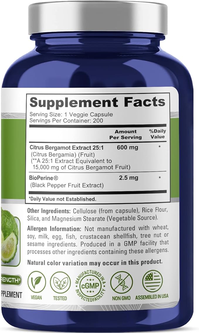 NusaPure Citrus Bergamot Capsules 15000mg 200 Capsules - 25:1 Bergamot Extract - 200 Servings Bioperine Vegan Non-GMO (Pack of 2)