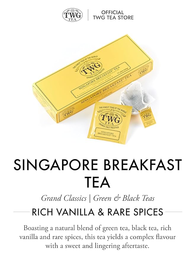 TWG Tea | Singapore Breakfast Tea | Black Tea &amp Green Tea | Vanilla &amp Spices | 15 Hand Sewn Cotton Tea Bags| Gift Set
