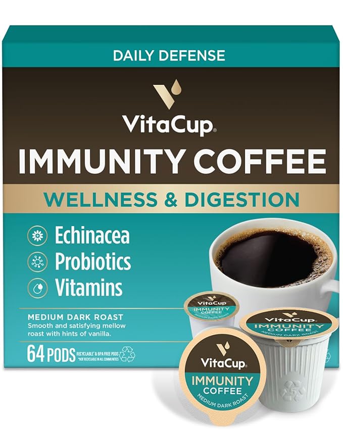 VitaCup Immunity Coffee Pods Wellness Boost with Antioxidants Echinacea Probiotics Vitamin C &amp D3 Medium Dark Roast Single Serve Pod Compatible with Keurig K-Cup Brewers64 Ct