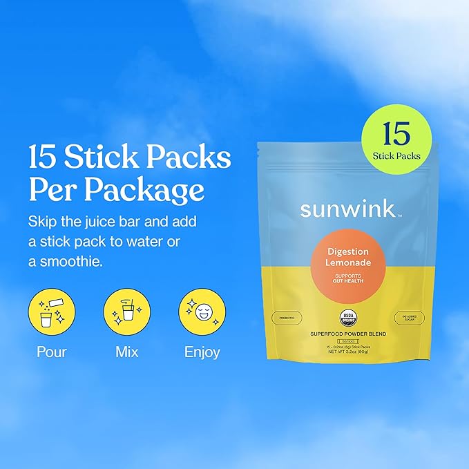 Sunwink - Digestion Lemonade Powder - Gut-Friendly Drink Mix with Plant-Based Botanicals (6g Each Pack of 15)