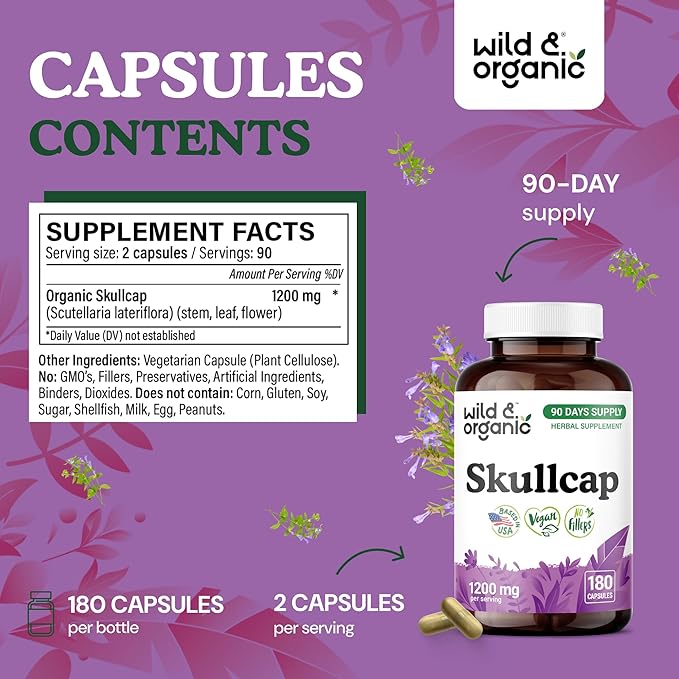 Wild &amp Organic Skullcap Herb Capsules 1200 mg - Calming Skullcap Supplement - 180 Capsules - Scutellaria Lateriflora Leaf Extract - 3-Month Supply - Vegan No Fillers Non-GMO