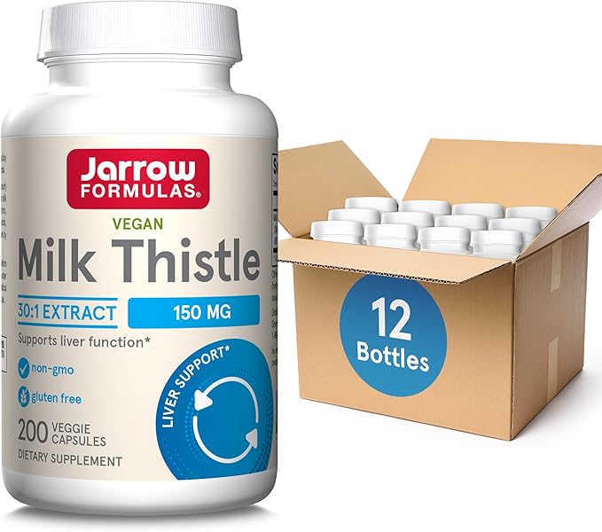 Jarrow Formulas Milk Thistle 150 mg With 30:1 Standardized Silymarin Extract Dietary Supplement for Liver Function Support 200 Veggie Capsules 66-200 Day Supply 12 Packs