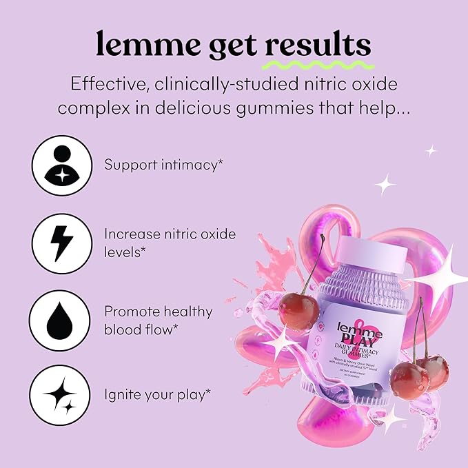 Lemme Play Daily Intimacy Gummies for Women and Men w/Clinically-Studied S7 Nitric Oxide Complex for Healthy Blood Flow Maca Root Goat Weed - Cherry Flavored (60 Count)