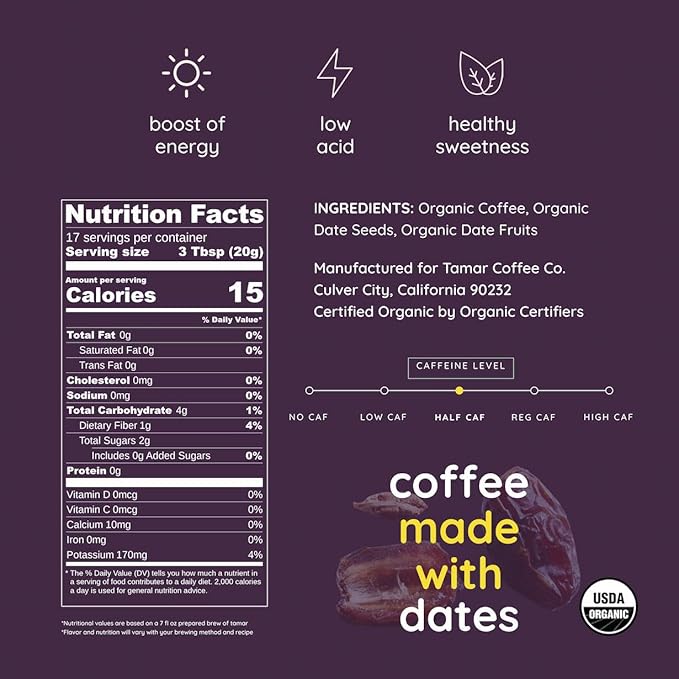 Balance by Tamar Date Coffee | Organic Ground Blend of Coffee &amp Whole Dates | Low Acid | Less Caffeine | Healthy Sweetness | Boost of Energy | Medium Roast | 12oz bag