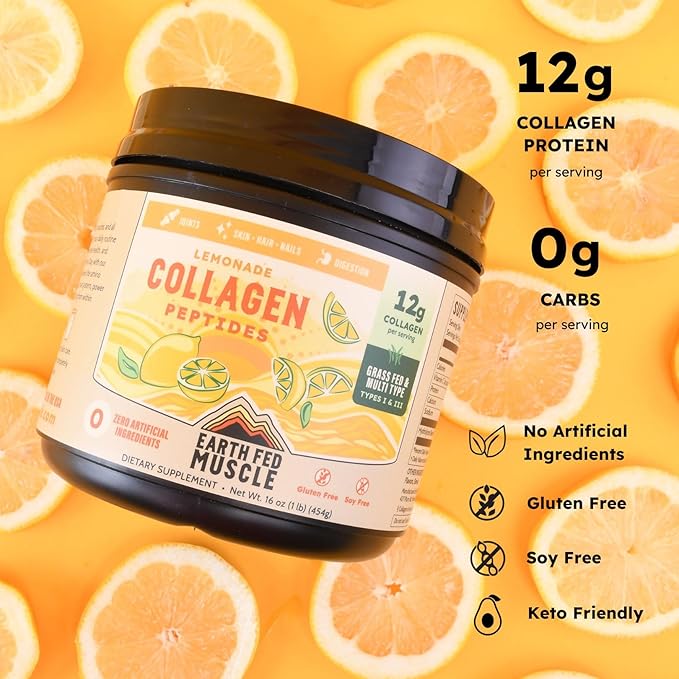 Earth Fed Muscle Lemonade Collagen Powder – Grass Fed Hydrolyzed Collagen for Women &amp Men - Healthy Bones Skin &amp Hair - Types 1 &amp 3 Collagen Powder 12g Per Serving 33 Servings