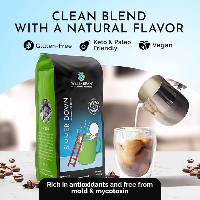 Well-Bean Coffee - Simmer Down Colombian Ground Coffee Decaf Coffee Swiss Water Decaf Coffee Vegan Decaf Coffee Beans Light Roasted Coffee 2 lb Coffee Bag