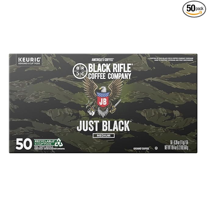 Black Rifle Coffee Company Just Black 50 Count Medium Roast K Cups - Single Serve K Cups Coffee Pods - Kcup Pods Compatible with 1.0 &amp 2.0 - Made from Arabica Beans