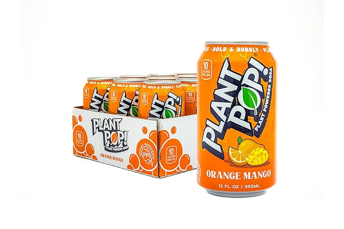 Plant Pop | Multifunctional Prebiotic Soda | Orange Mango | 10 Calories | Natural flavors | Made with Organic Plant-Based Ingredients | Caffeine Free | 12oz (12 pk) cans